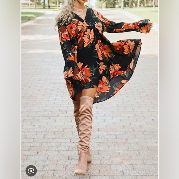 Umgee Size L Black Midi Dress with Orange and Yellow Floral Design V-Neck Flare - Picture 1 of 8